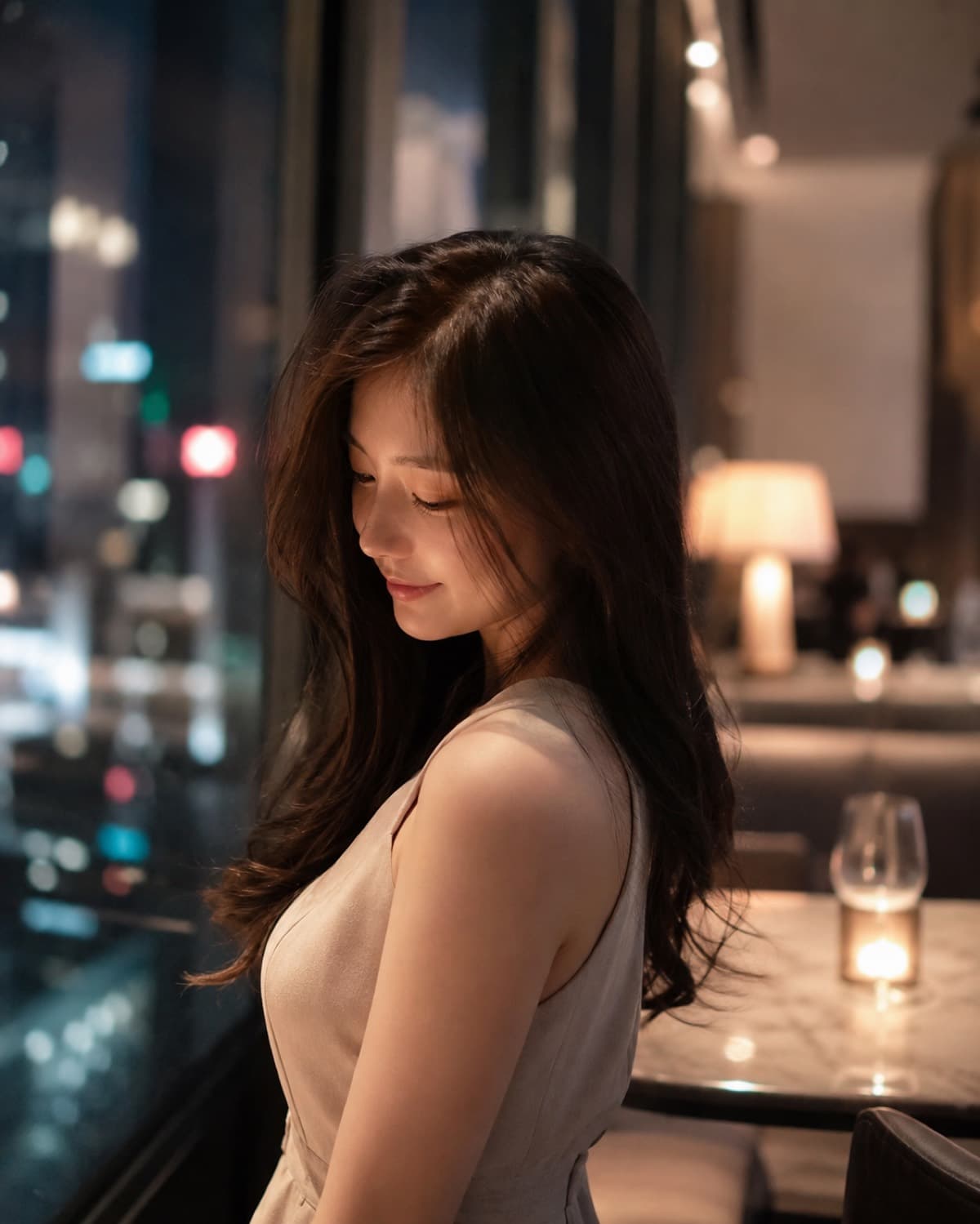 夜景を背に佇む女性